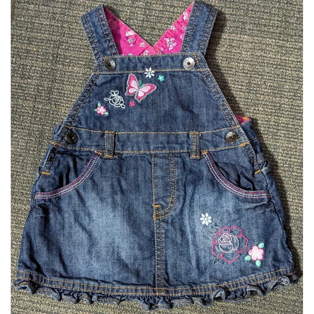 The Childrens Place Overall‎ Skirt 6-9 Months Denim Embroidered Flowers Ruffled